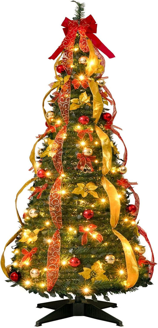 6FT Pre-Decorated Xmas Tree with Full Set of Ornements, Pop up Prelit Christmas Tree with 150 Lights and Decorations, Pre Lit Collapsible Christmas Tree with Christmas Ball Ornaments