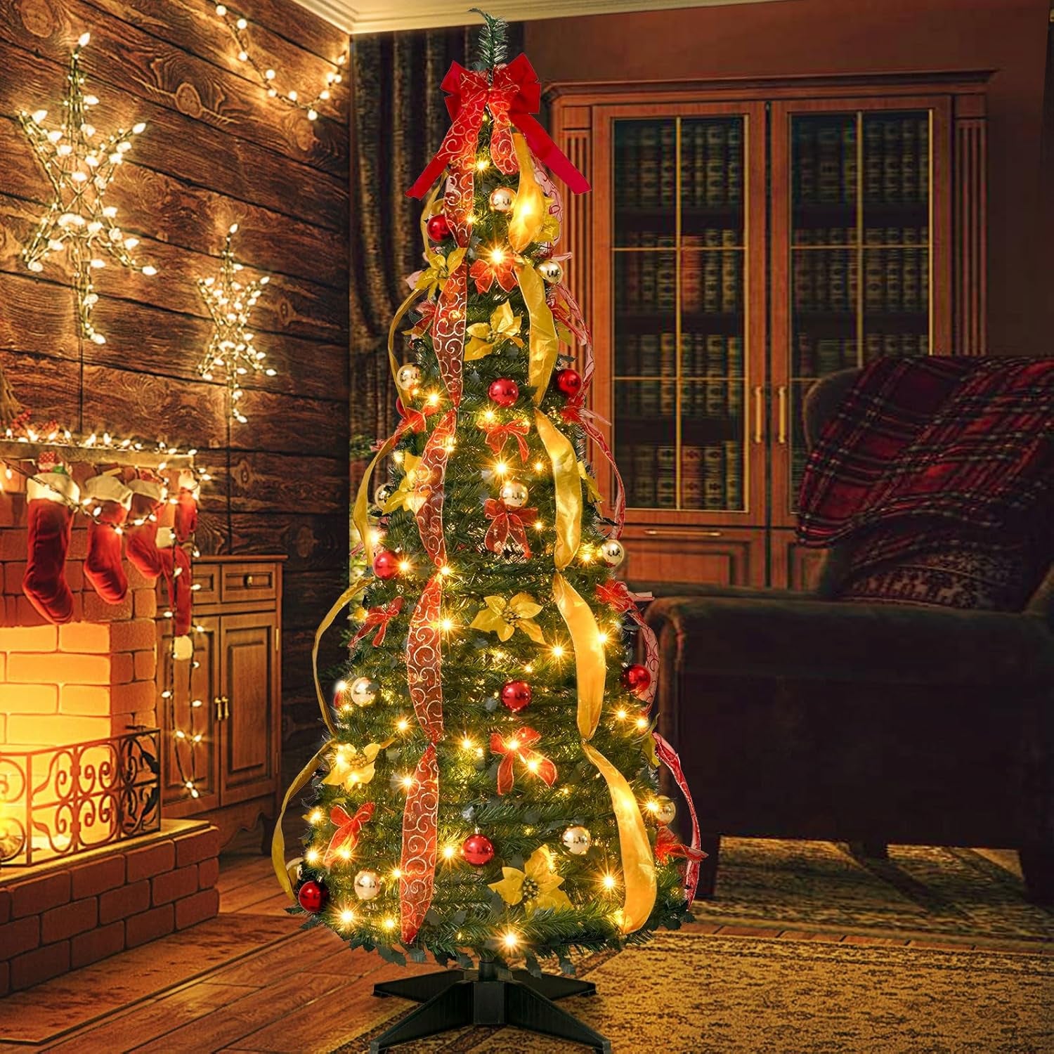 6FT Pre-Decorated Xmas Tree with Full Set of Ornements, Pop up Prelit Christmas Tree with 150 Lights and Decorations, Pre Lit Collapsible Christmas Tree with Christmas Ball Ornaments